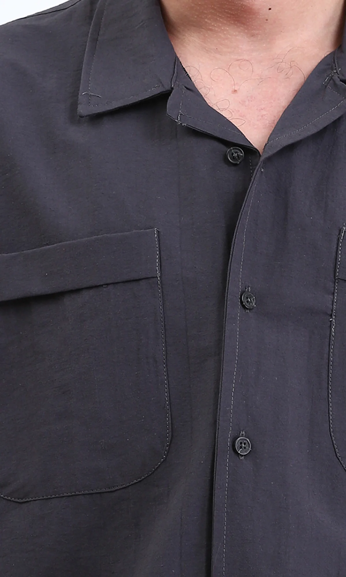 R208160 - Elbow Sleeves Shirt with Front Pockets - Dark Grey - Image 3