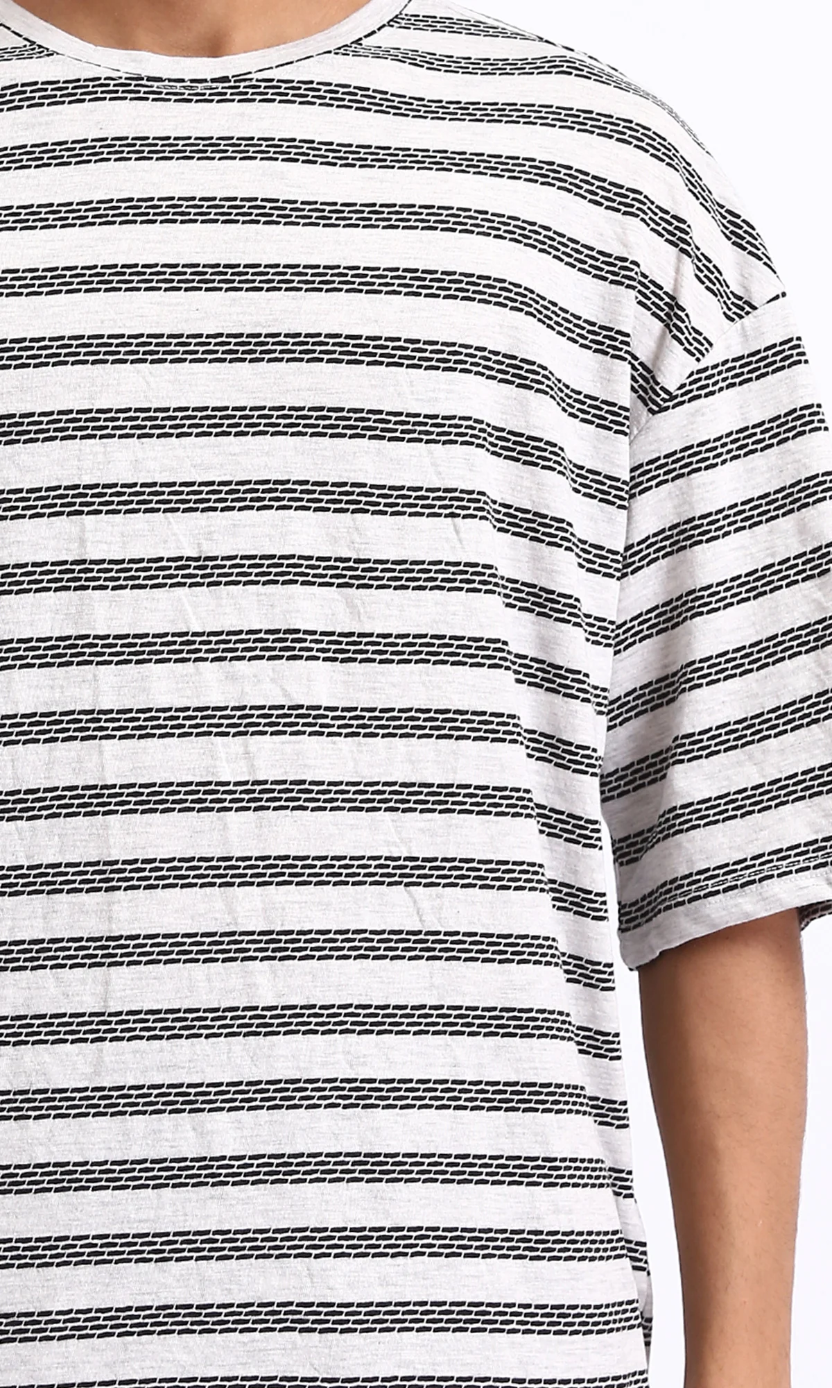 R208463 - Crew Neck Striped Cotton Tee - Heather Grey & Black - Image 3