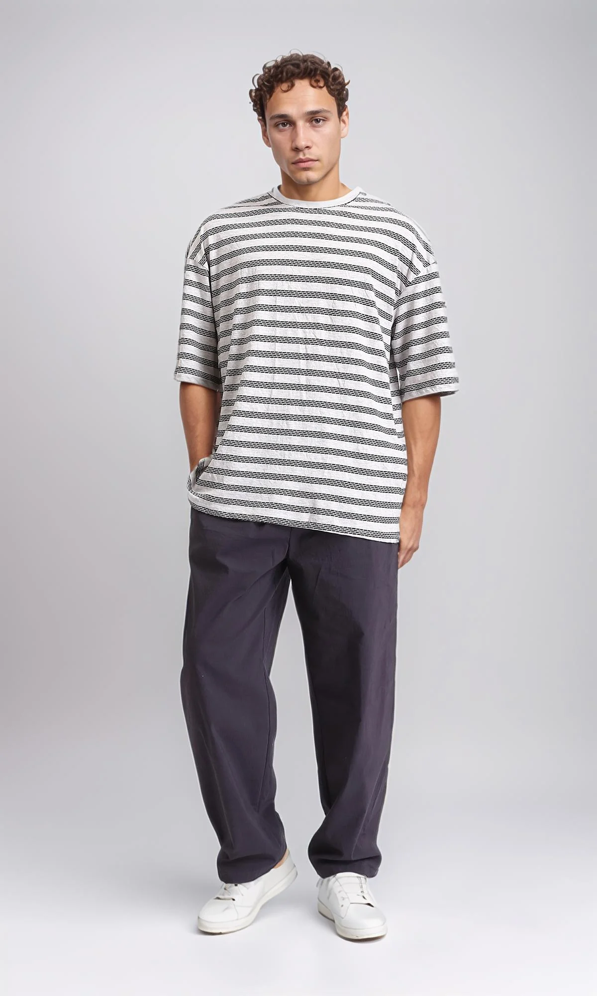 R208463 - Crew Neck Striped Cotton Tee - Heather Grey & Black - Image 4