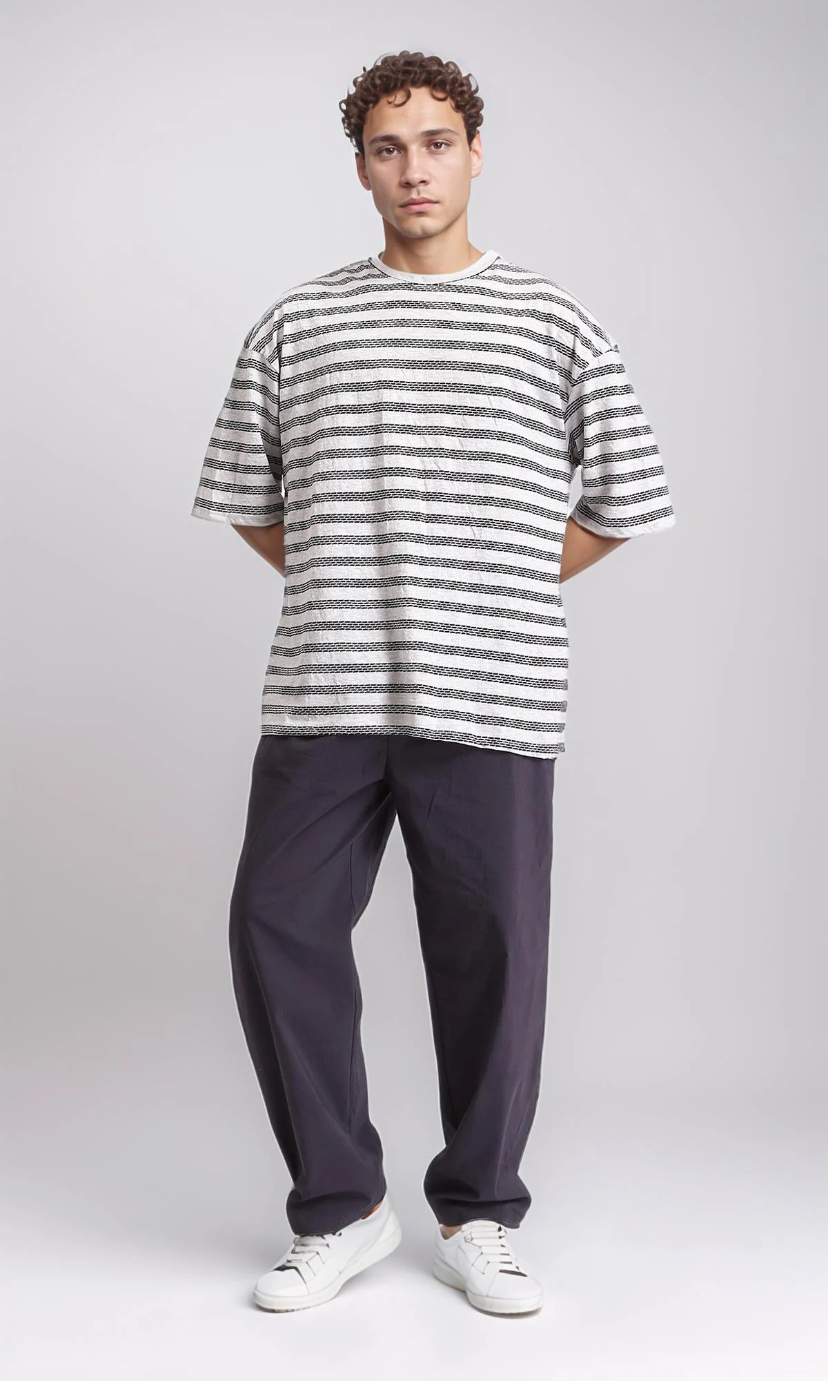 R208463 - Crew Neck Striped Cotton Tee - Heather Grey & Black - Image 5