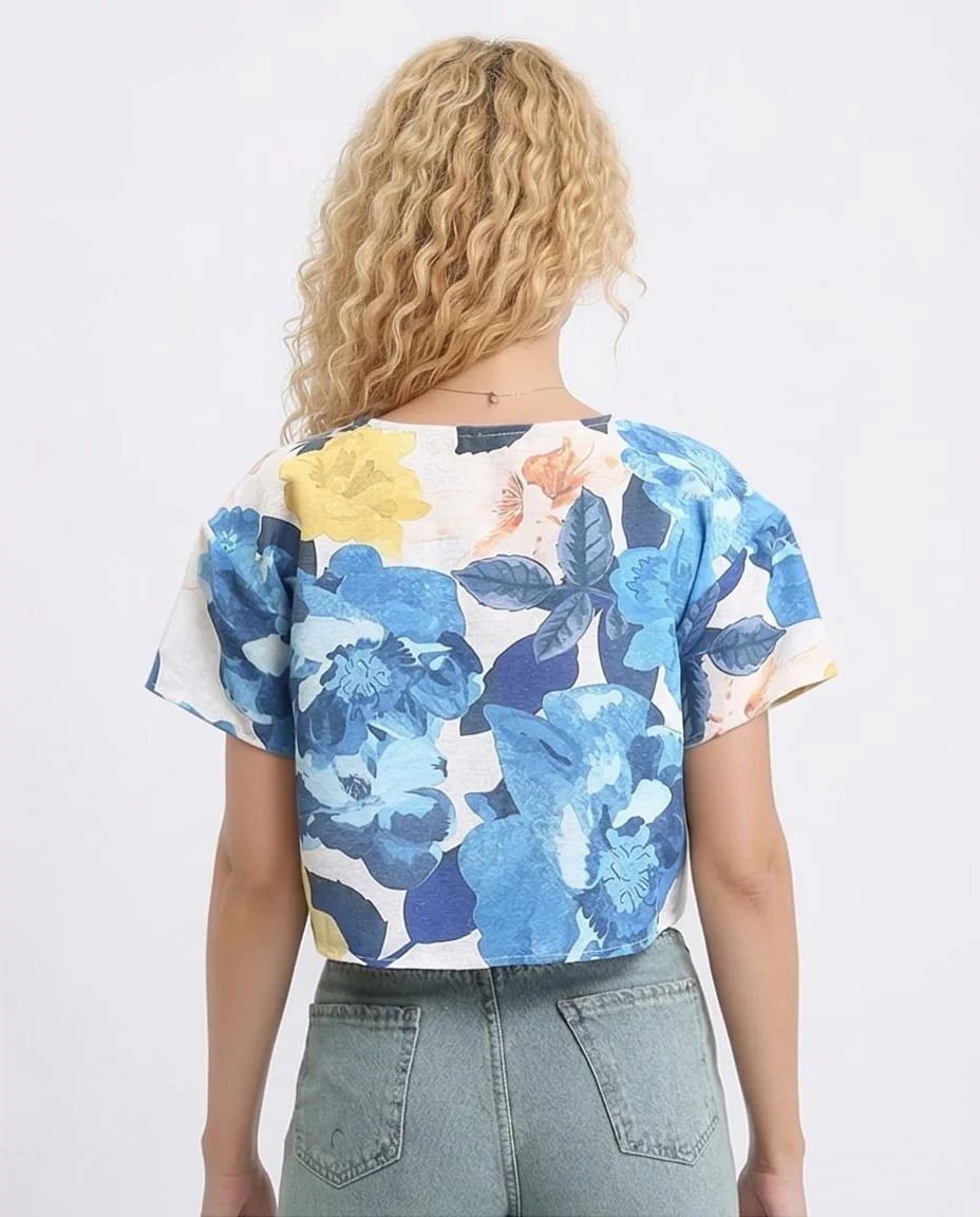Ravin Women’s Painterly Floral Boxy Crop Top – Blue & Mustard - R208493 - Image 2