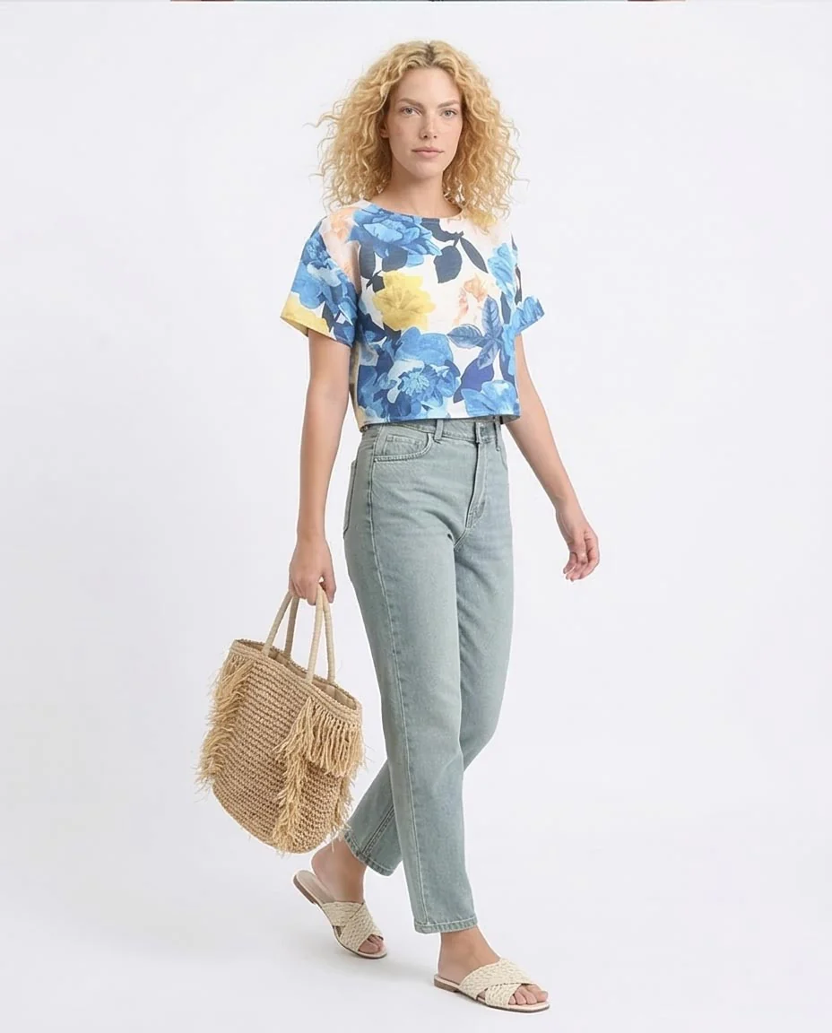 Ravin Women’s Painterly Floral Boxy Crop Top – Blue & Mustard - R208493 - Image 5