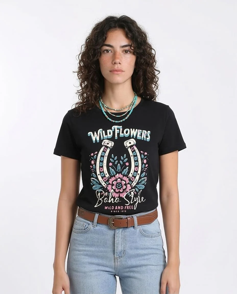 Ravin Women's Wild Flowers Horseshoe Graphic T-Shirt - Black - R208509