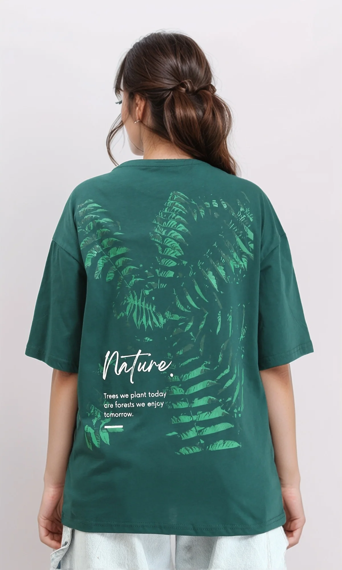 R208555 - Printed "Nature" Slip On Cotton Tee - Dark Green - Image 2
