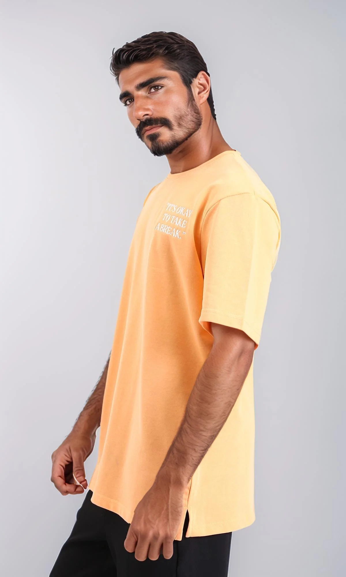 R208567-Loose Printed Cotton Long Tee - Light Orange - Image 2
