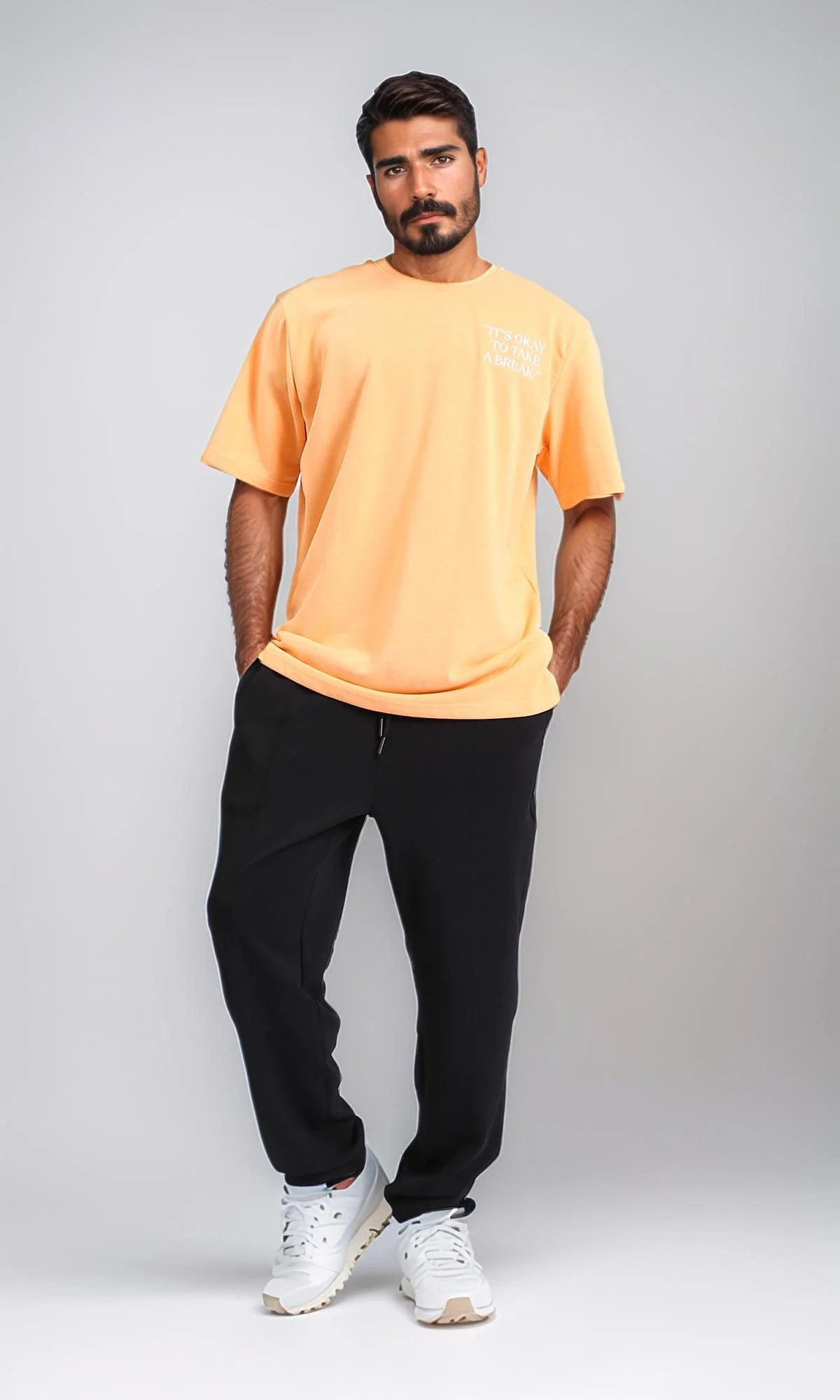 R208567-Loose Printed Cotton Long Tee - Light Orange - Image 5