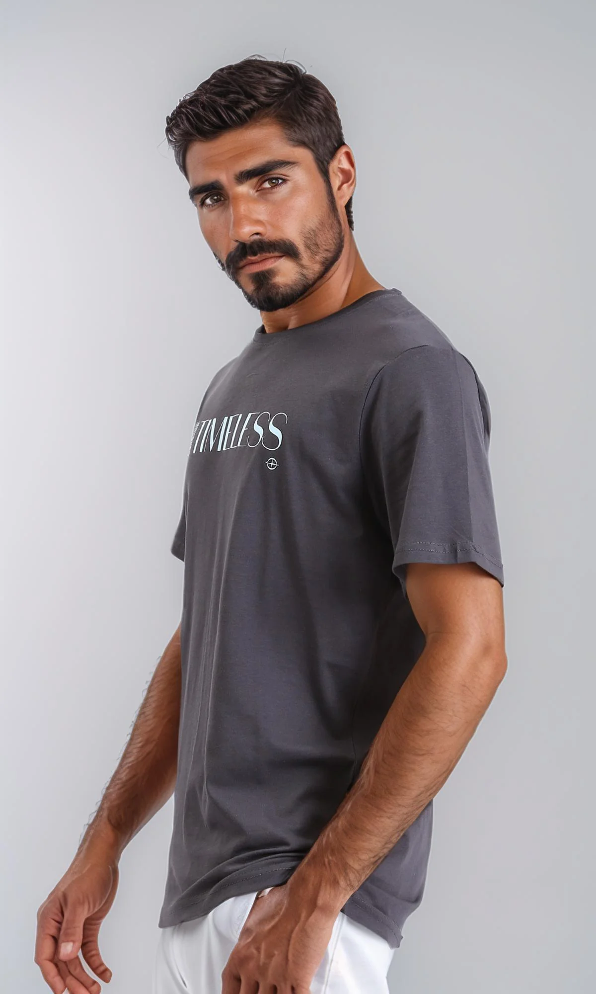 R208578 - Printed "Timeless" Elbow Sleeves Tee - Dark Grey - Image 2