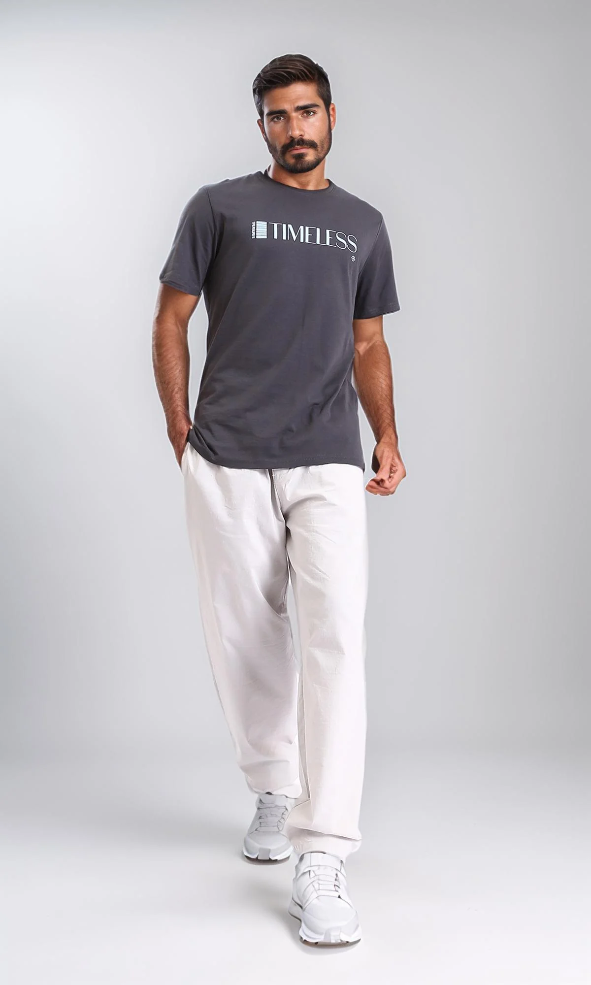 R208578 - Printed "Timeless" Elbow Sleeves Tee - Dark Grey - Image 5