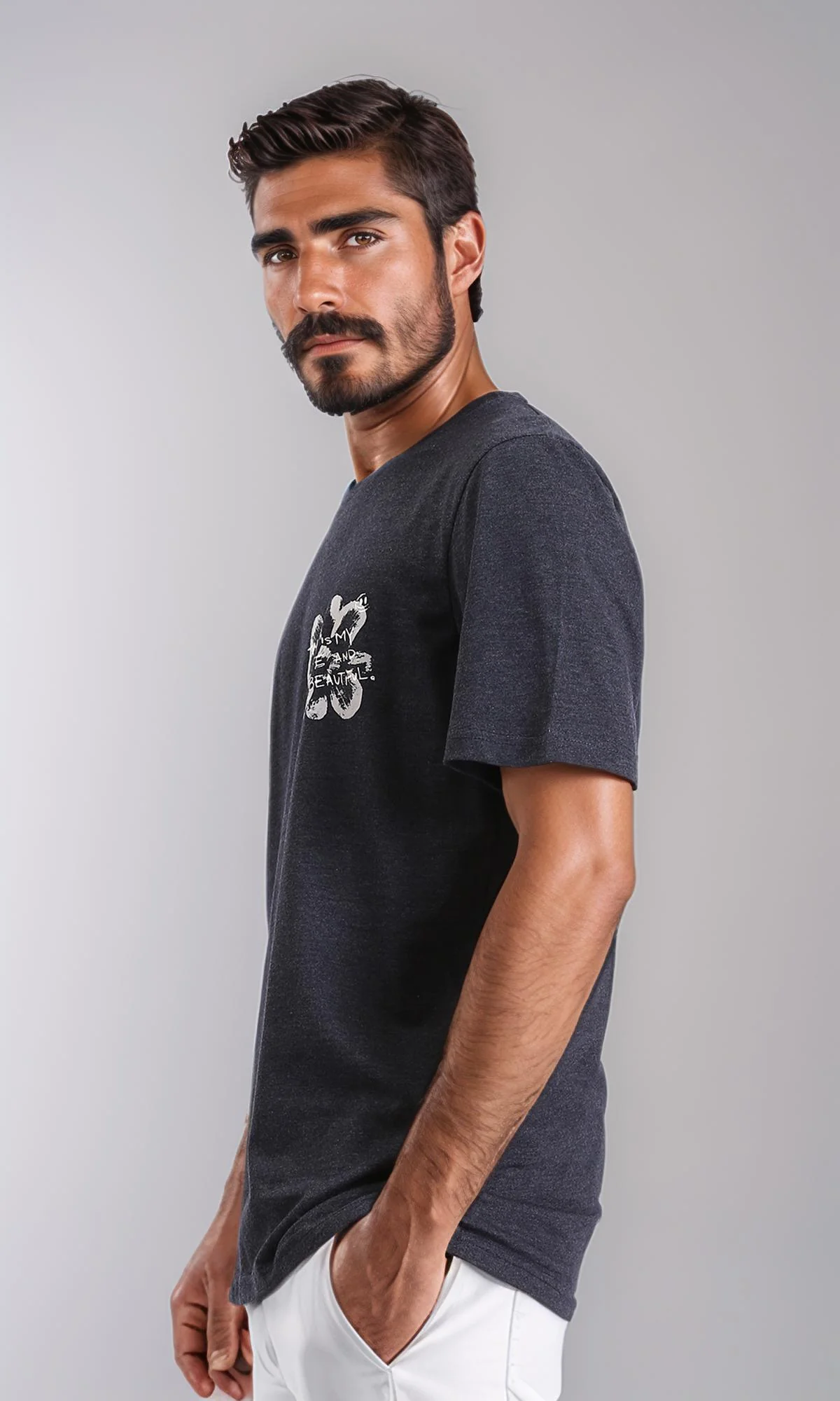 R208581 - Printed "Beautiful Life" Elbow Sleeves Tee - Heather Black - Image 2
