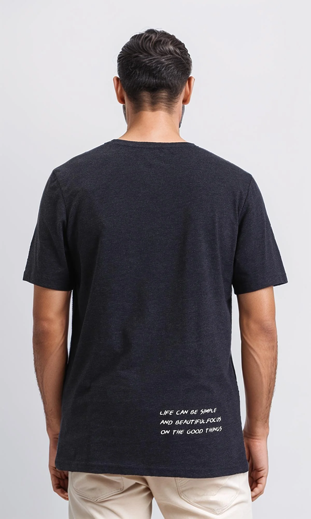 R208581 - Printed "Beautiful Life" Elbow Sleeves Tee - Heather Black - Image 3