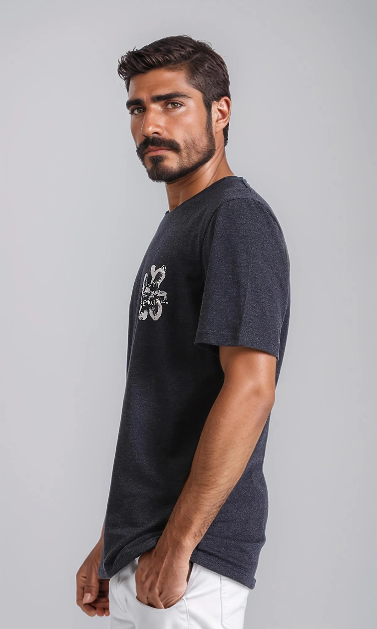 R208581 - Printed "Beautiful Life" Elbow Sleeves Tee - Heather Black - Image 4