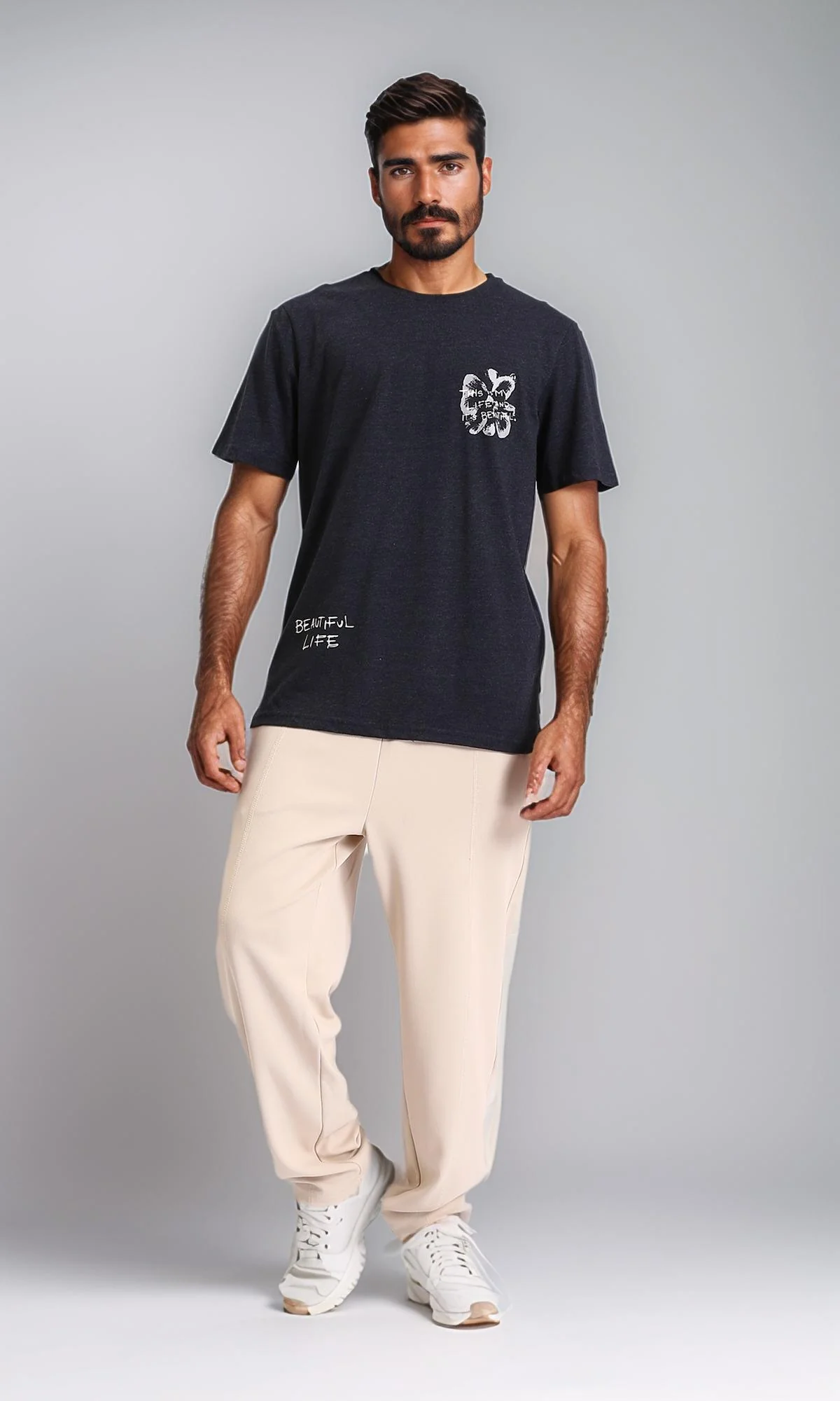 R208581 - Printed "Beautiful Life" Elbow Sleeves Tee - Heather Black - Image 5