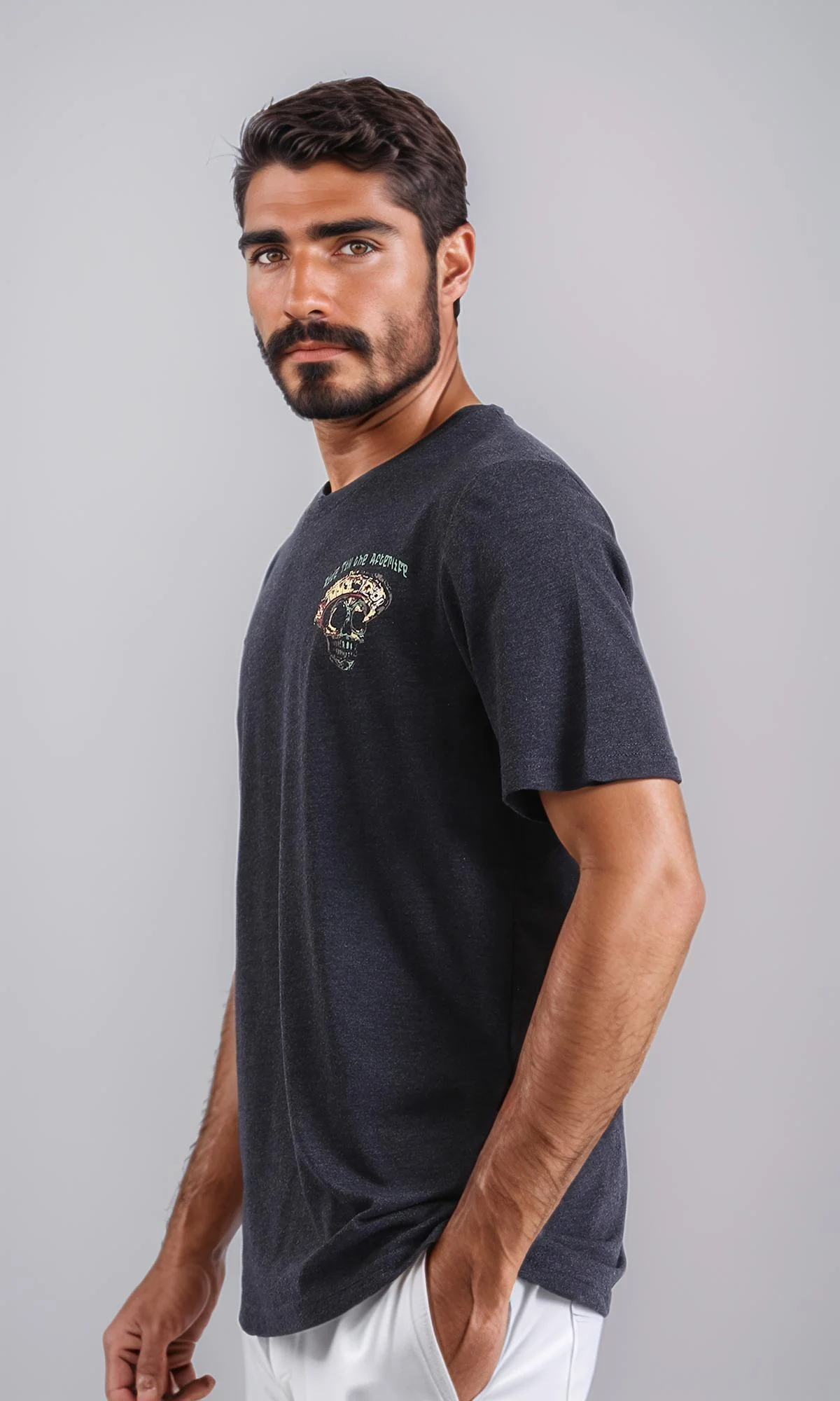 R208588-Cotton Slip On Tee with Front Print - Heather Black - Image 2