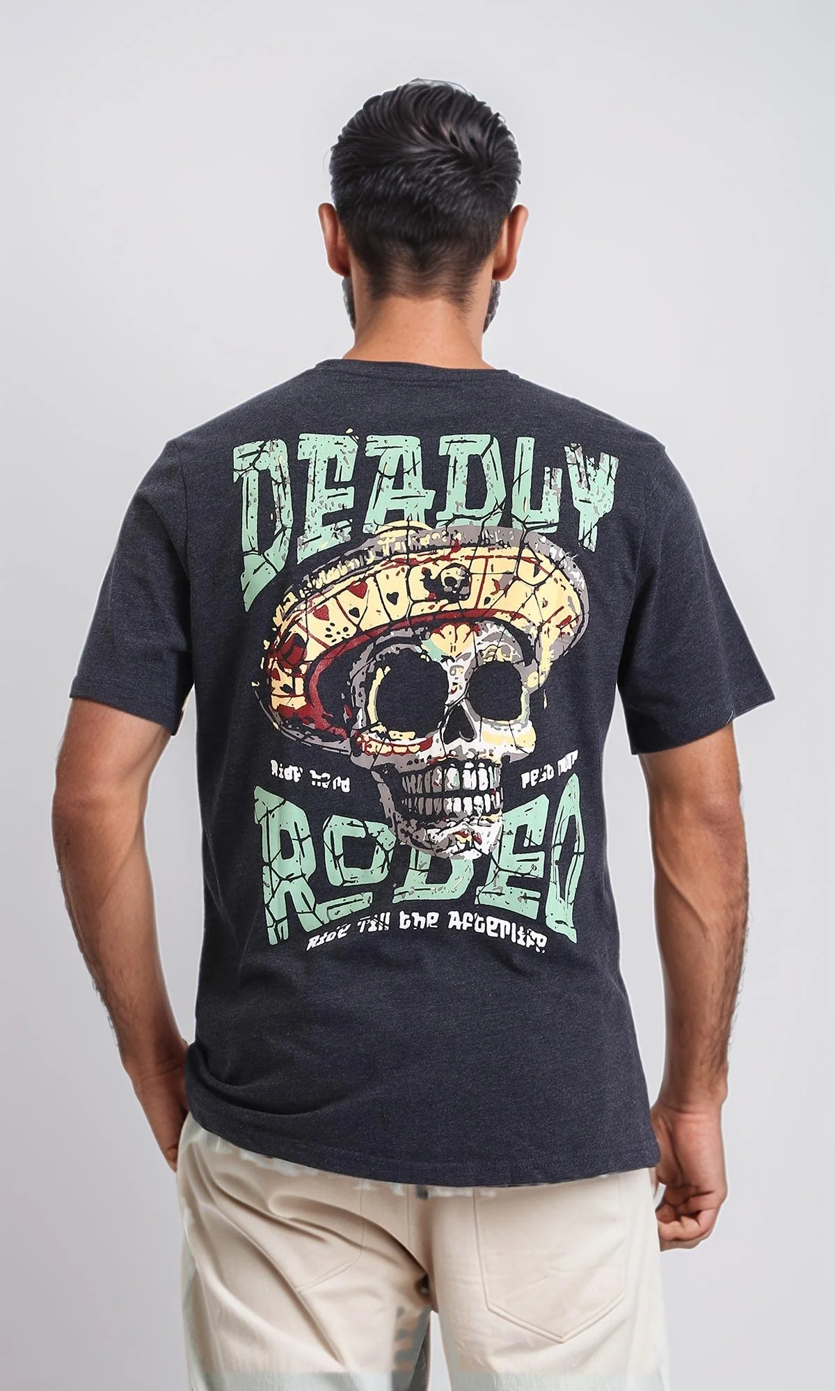 R208588-Cotton Slip On Tee with Front Print - Heather Black - Image 3