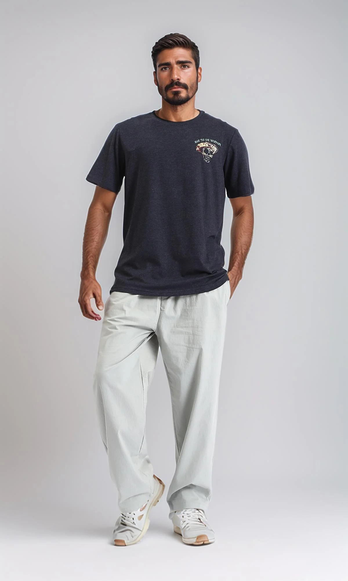 R208588-Cotton Slip On Tee with Front Print - Heather Black - Image 5