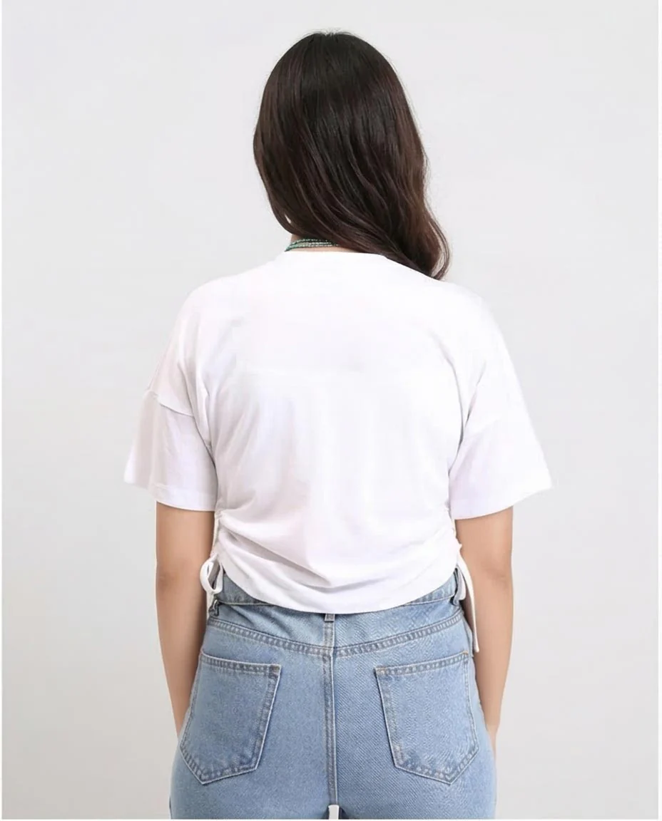 Ravin "Persimmons" Graphic Crop T-Shirt with Side Ruching & Drawstrings - White - R208605 - Image 2