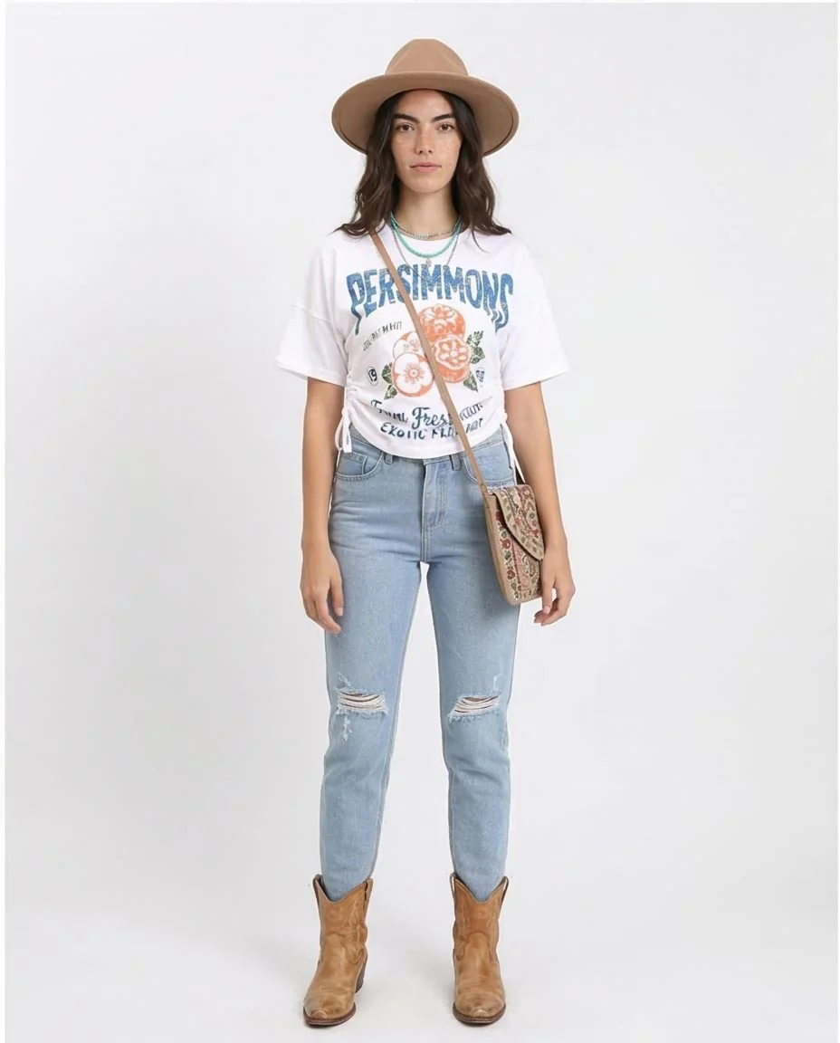 Ravin "Persimmons" Graphic Crop T-Shirt with Side Ruching & Drawstrings - White - R208605 - Image 3