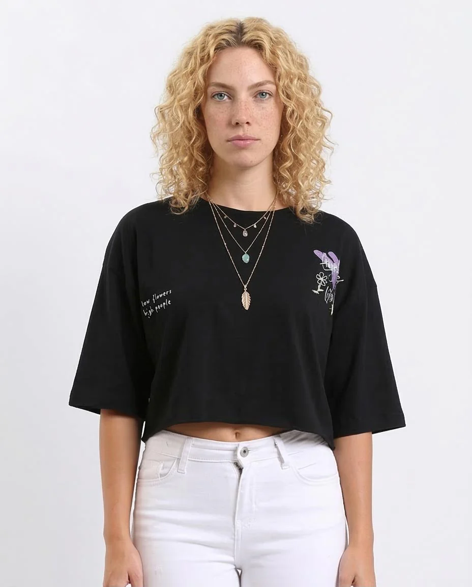 Ravin Women's "Good Vibes" Cropped Graphic T-Shirt – Black - R208611