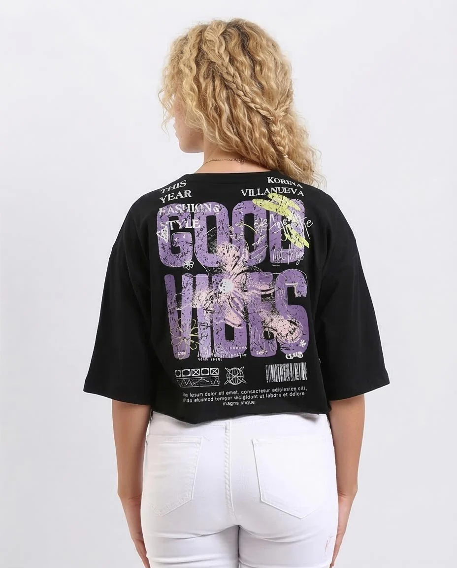 Ravin Women's "Good Vibes" Cropped Graphic T-Shirt – Black - R208611 - Image 2