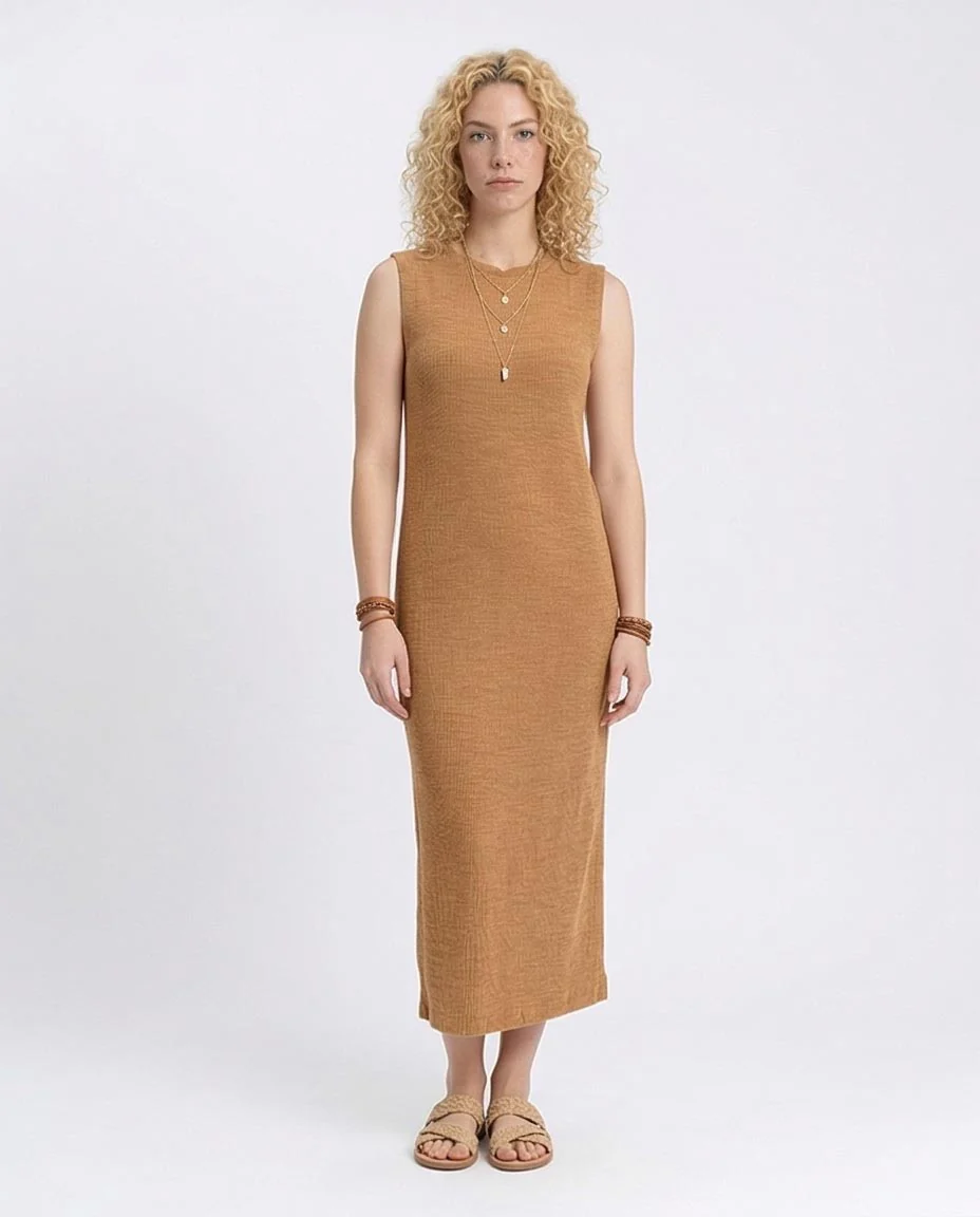 R208694 - Sleeveless Ribbed Cotton Maxi Dress - Dark Camel