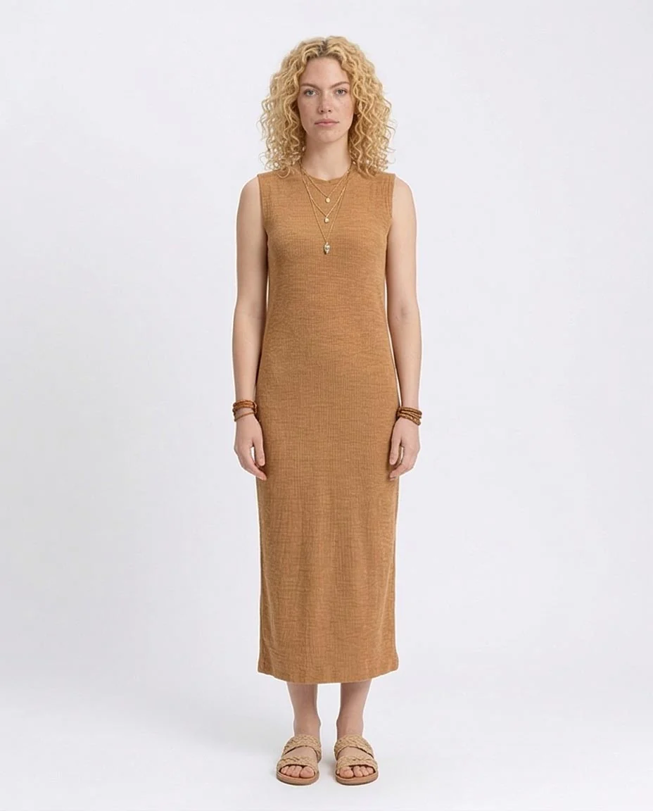 R208694 - Sleeveless Ribbed Cotton Maxi Dress - Dark Camel - Image 4
