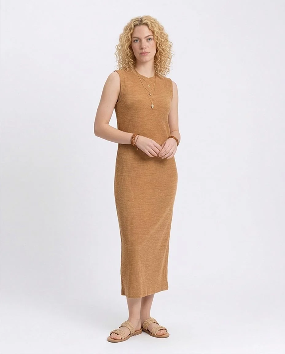 R208694 - Sleeveless Ribbed Cotton Maxi Dress - Dark Camel - Image 5