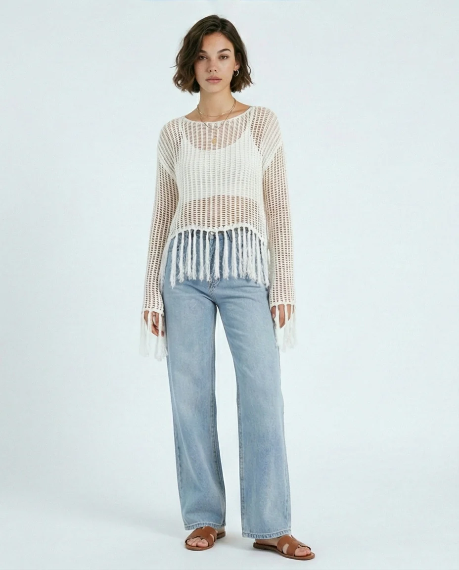 R208729 - Boat Neck Perforated Top with Tassels - Off-White - Image 3