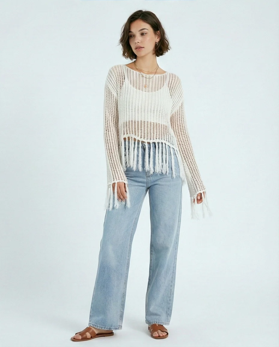 R208729 - Boat Neck Perforated Top with Tassels - Off-White - Image 4