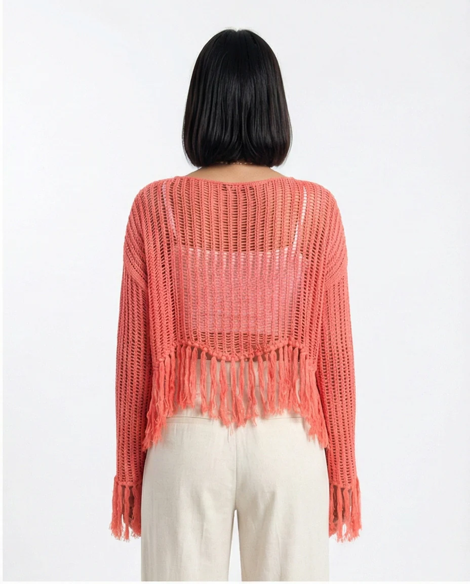 R208730 - Boat Neck Perforated Top with Tassels - Dark Coral - Image 2