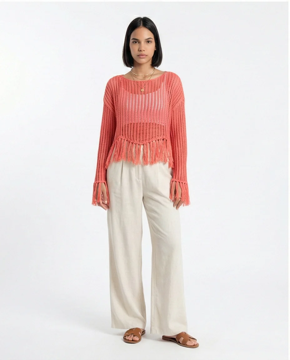 R208730 - Boat Neck Perforated Top with Tassels - Dark Coral - Image 5