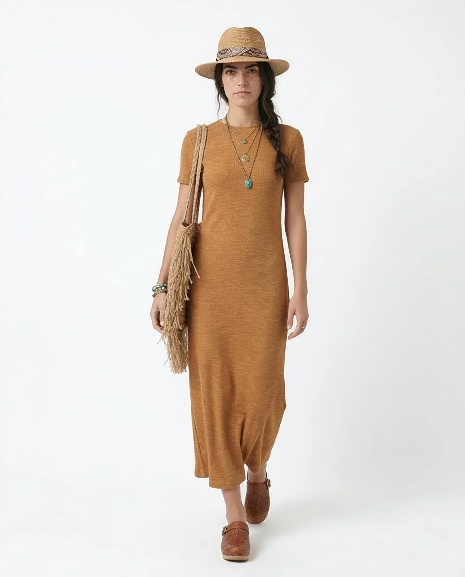 Ravin Ribbed Short-Sleeve Maxi Dress – Toffee - R208762 - Image 3