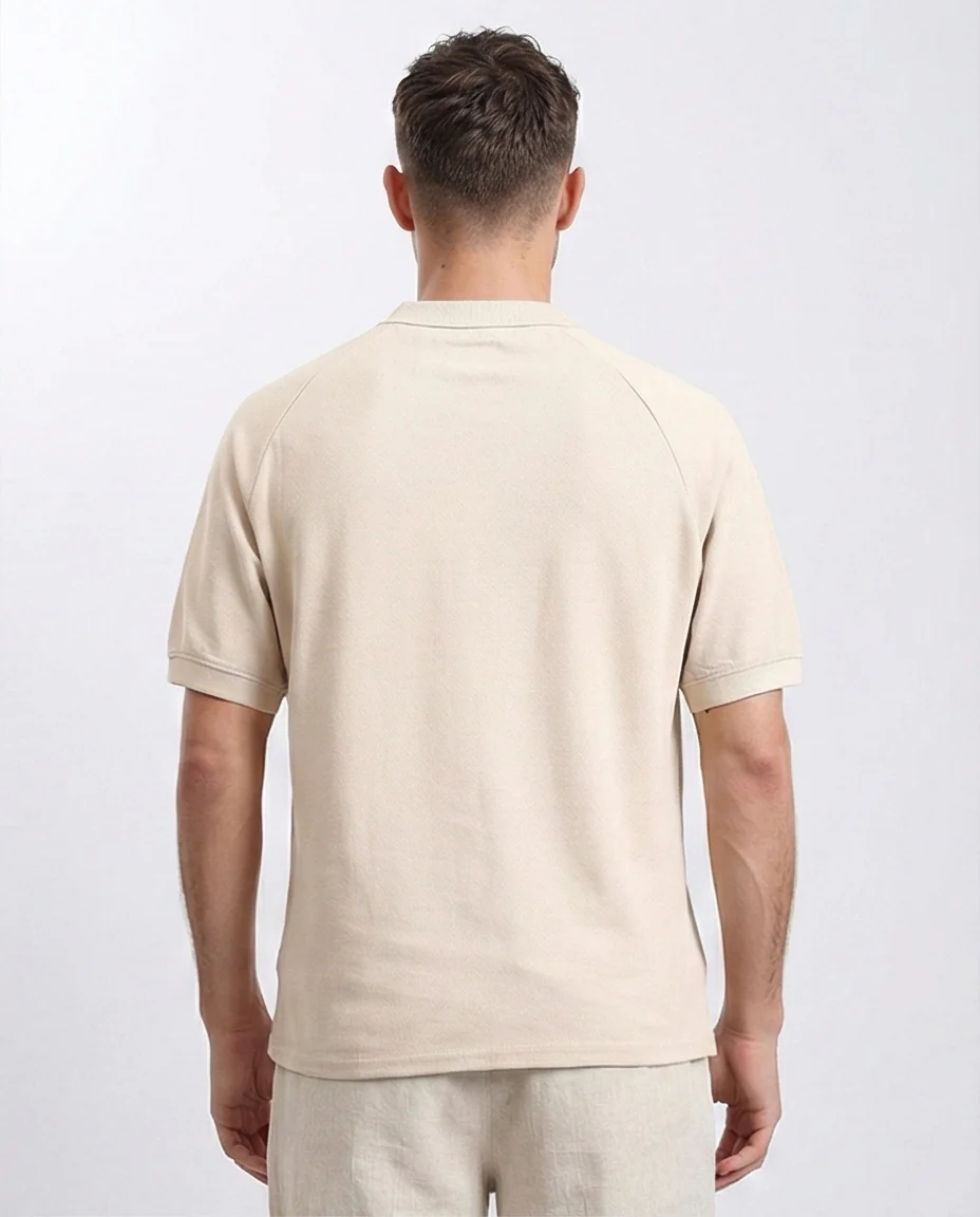 R208946 - Elbow Sleeves Solid Polo Shirt - Beige - Image 2
