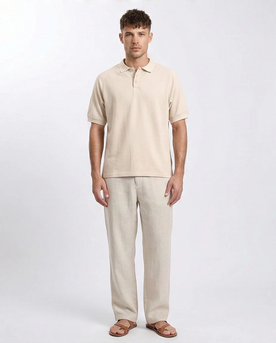 R208946 - Elbow Sleeves Solid Polo Shirt - Beige - Image 3