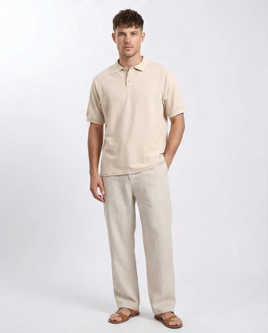 R208946 - Elbow Sleeves Solid Polo Shirt - Beige - Image 4