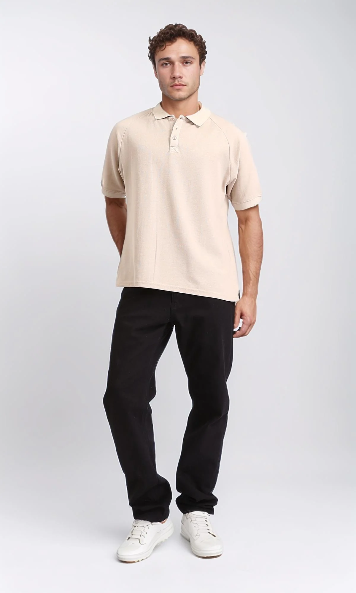 R208946 - Elbow Sleeves Solid Polo Shirt - Beige - Image 5