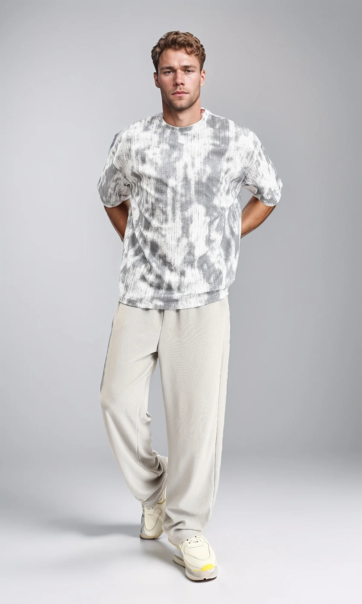 R208961 - Tie Dye Elbow Sleeves Cotton Tee - White & Grey - Image 5