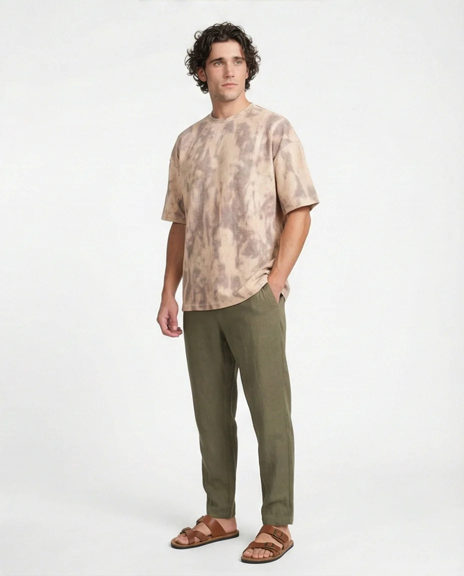 R208964 - Waffle Textured Oversized T-Shirt - Beige & Brown - Image 4
