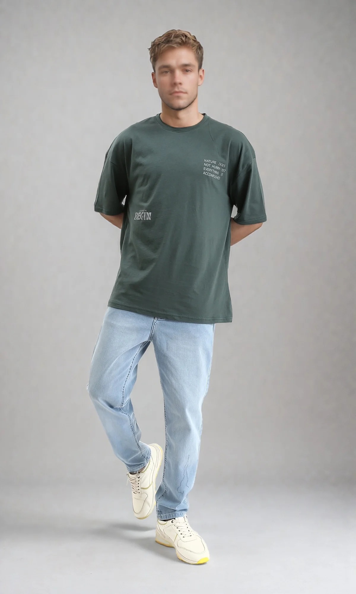 R208975 - Round Neck Printed Cotton Tee - Dark Jade - Image 4