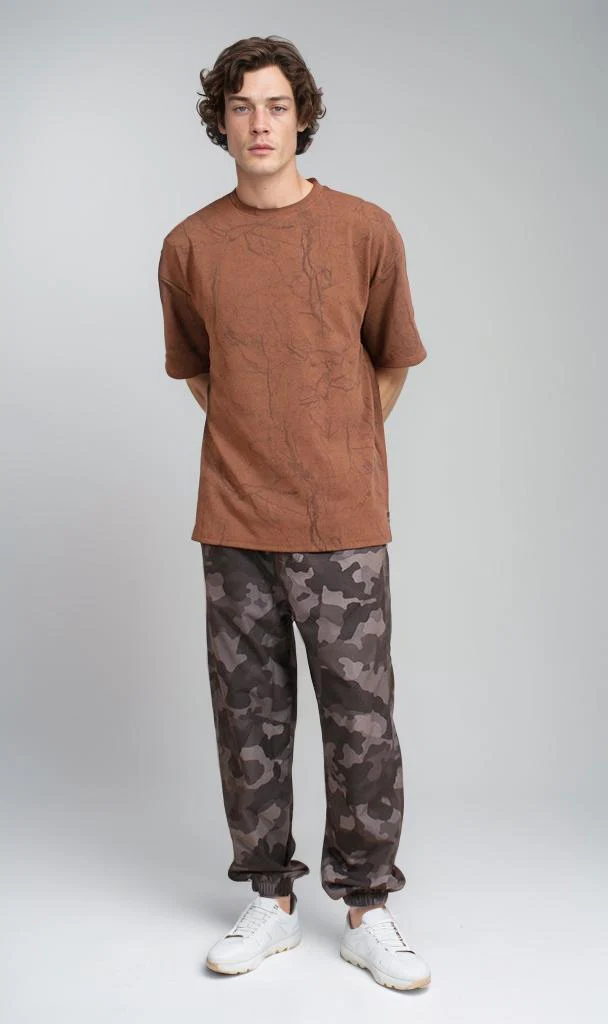 R209090 - Waffle Textured Oversized T-Shirt - Brown - Image 4