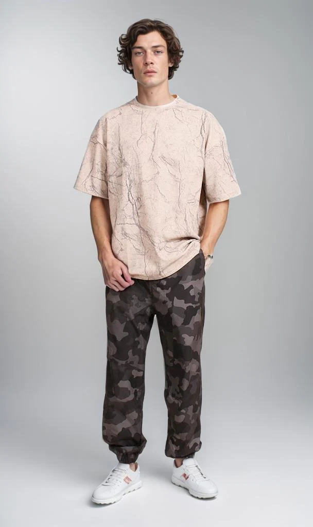 R209091 - Waffle Textured Oversized T-Shirt - Beige - Image 4