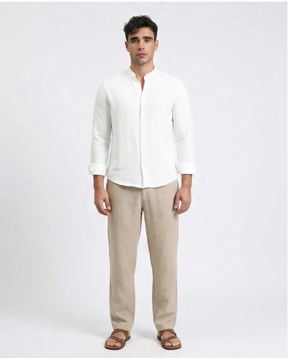 R209097 - Textured Shirt with Mandarin Collar - White - Image 3