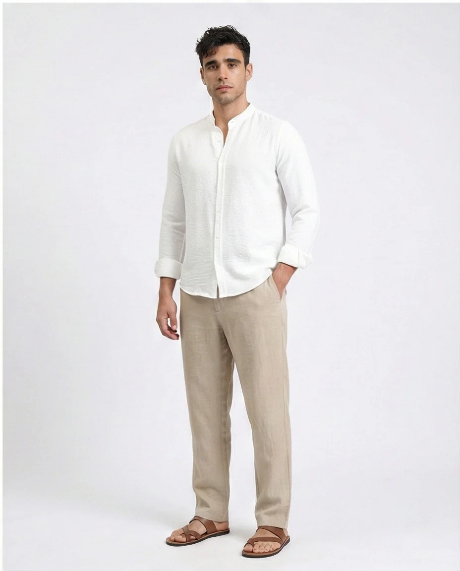 R209097 - Textured Shirt with Mandarin Collar - White - Image 4