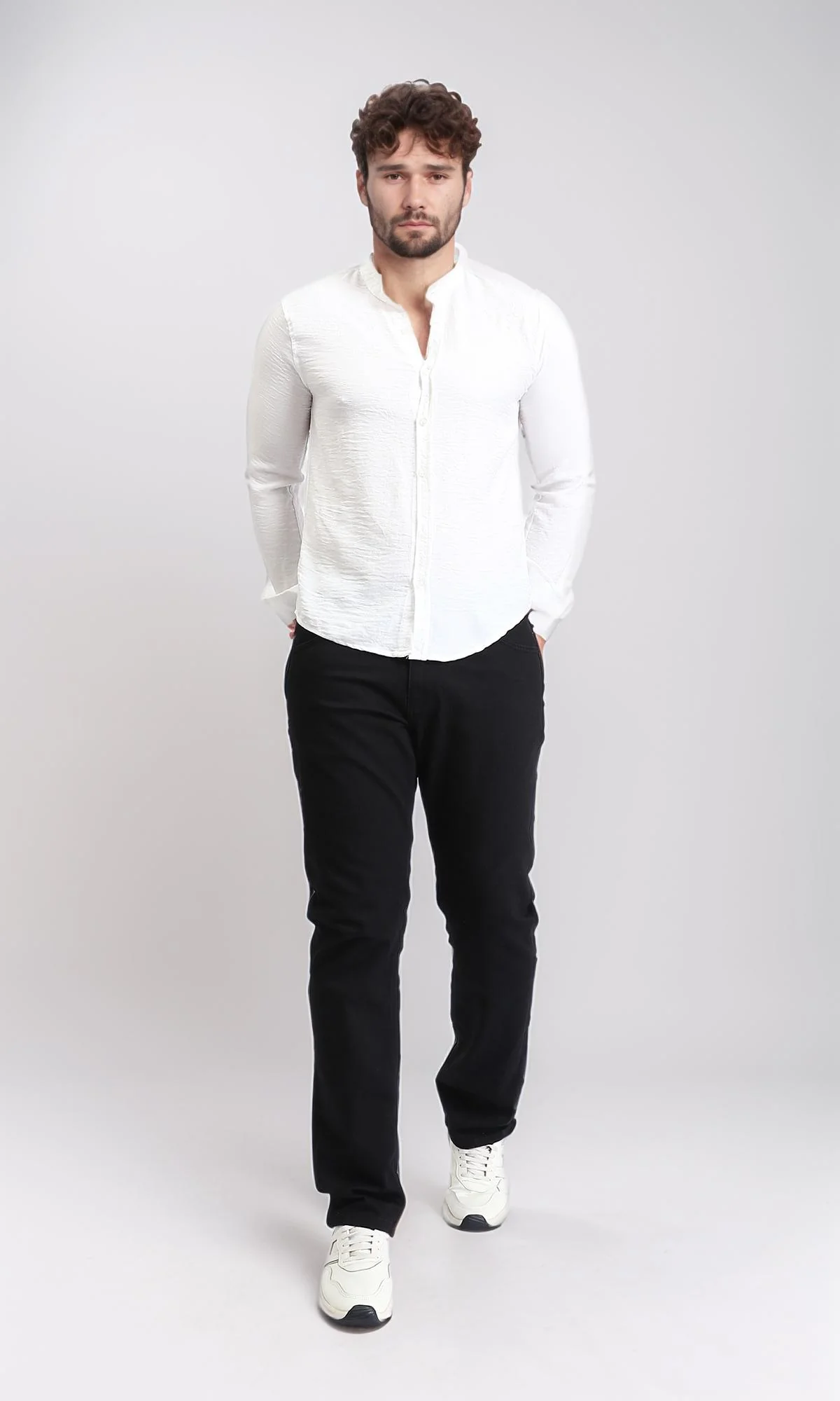 R209097 - Textured Shirt with Mandarin Collar - White - Image 5