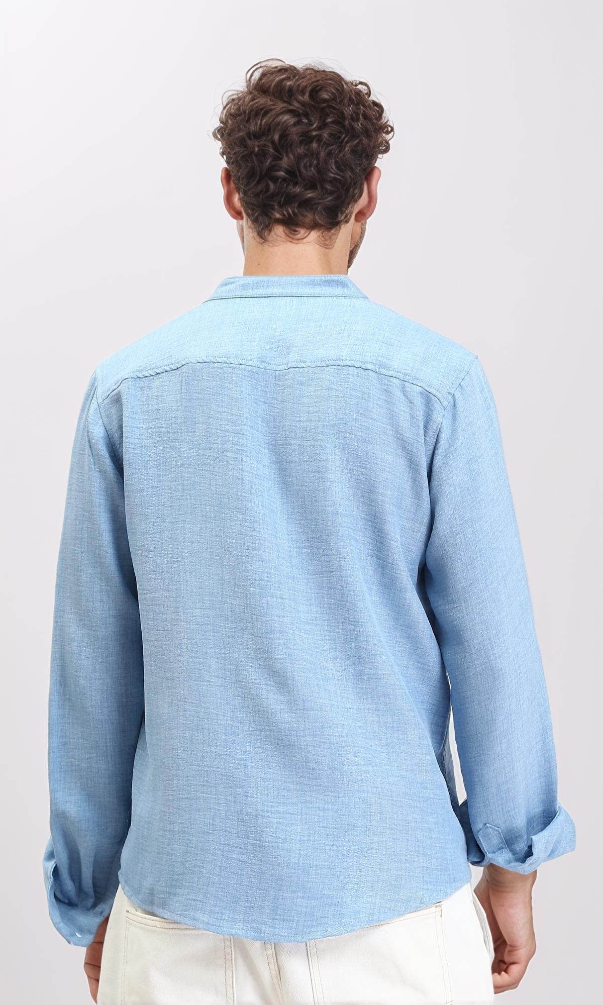R209098 - Textured Long Sleeves Mandarin Shirt - Baby Blue - Image 2