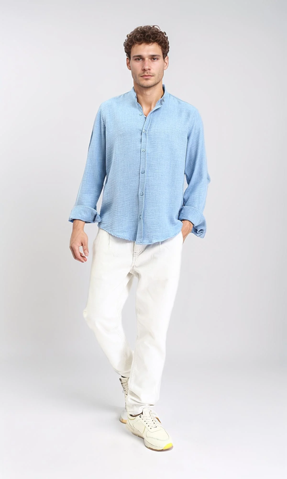 R209098 - Textured Long Sleeves Mandarin Shirt - Baby Blue - Image 3