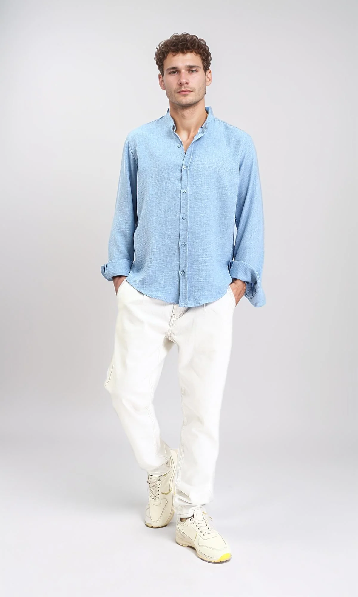 R209098 - Textured Long Sleeves Mandarin Shirt - Baby Blue - Image 4
