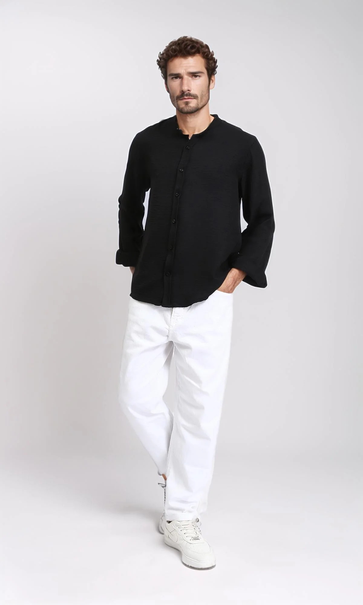 R209099 - Regular Long Sleeves Mandarin Shirt - Black - Image 4