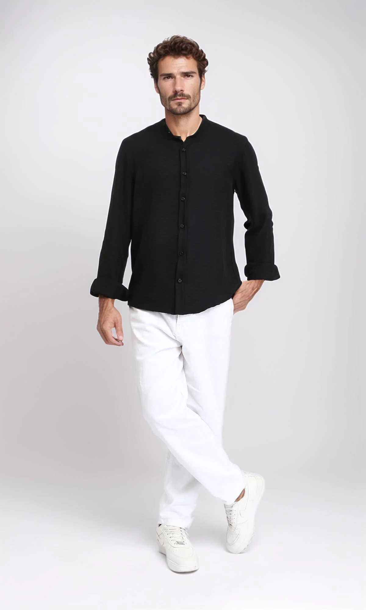 R209099 - Regular Long Sleeves Mandarin Shirt - Black - Image 5