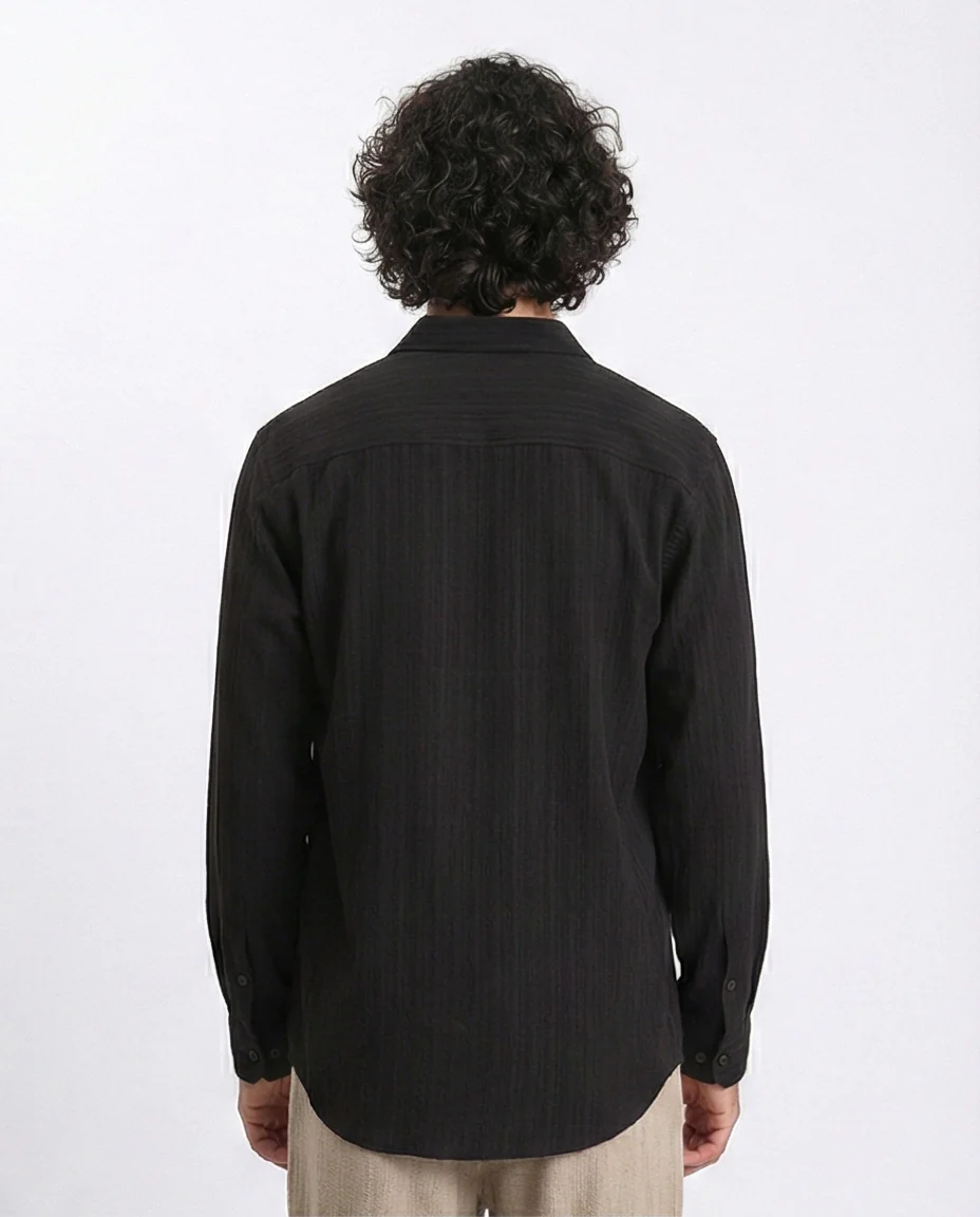 R209101 - Self Textured Long Sleeves Summer Shirt - Black - Image 2