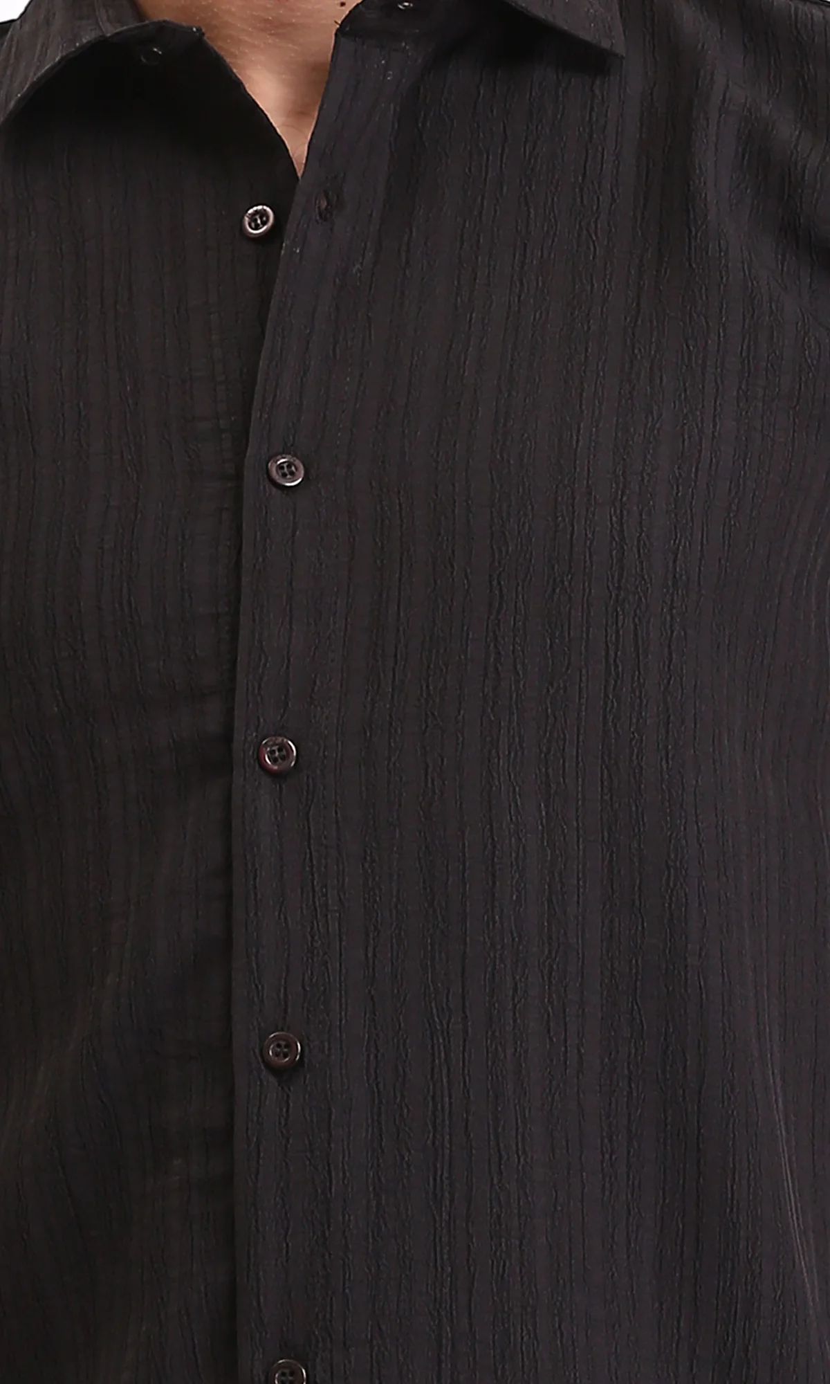 R209101 - Self Textured Long Sleeves Summer Shirt - Black - Image 3